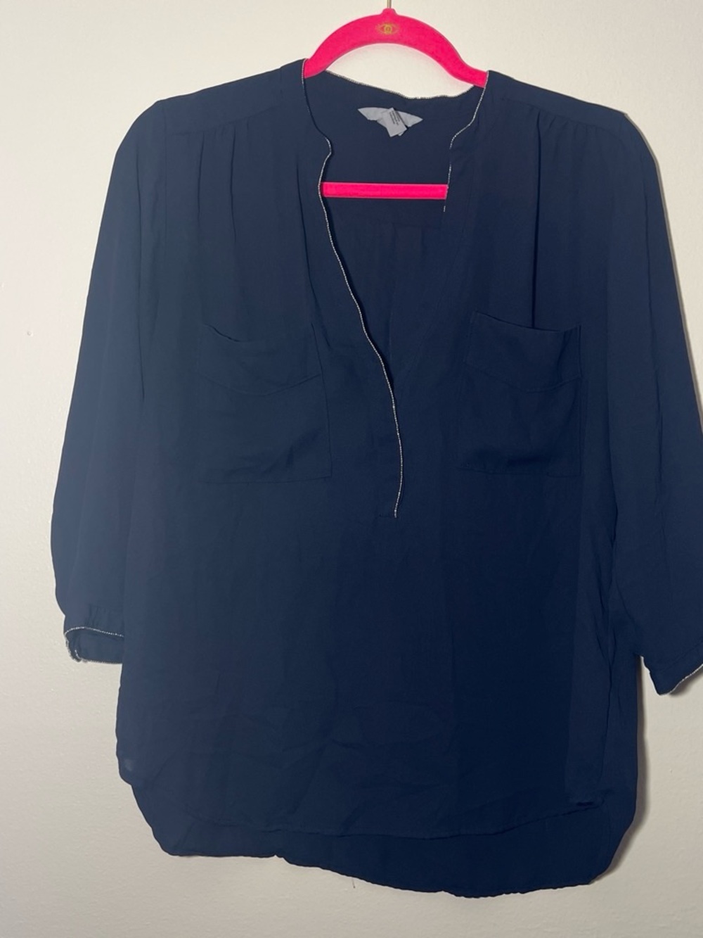 H&M Navy Split-Neck 3/4 Sleeve Blouse
